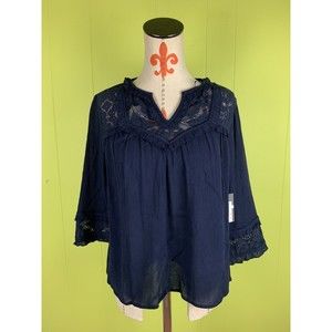 NWT Crown & Ivy L Petite Navy Blue lace V-Neck 3/4 Sleeve Top Blouse ($ 59.50)